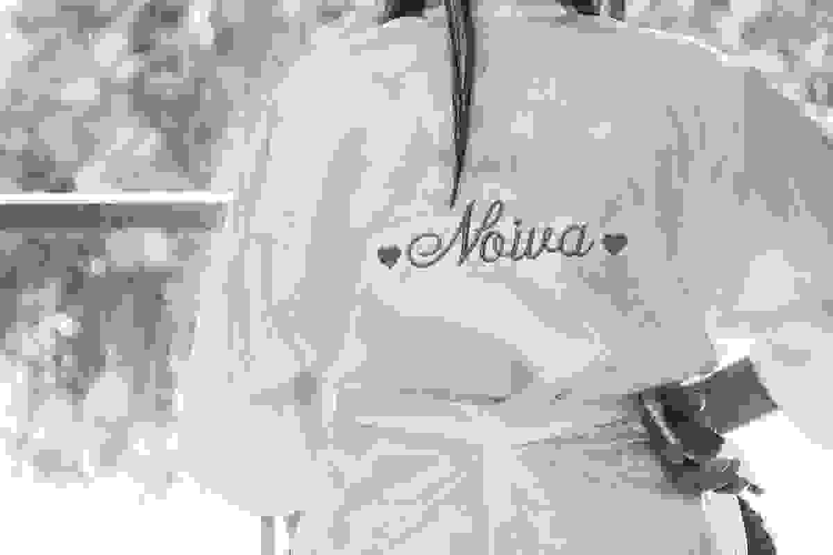 noiva de costas na fotorgafia do casamento mostrando o hobby branco com o dizer noiva escrito
