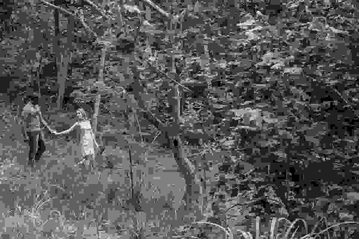 Casal passei por entre a vegetação do parque da cidade de rio das ostras em seu ensaio Pré Wedding
