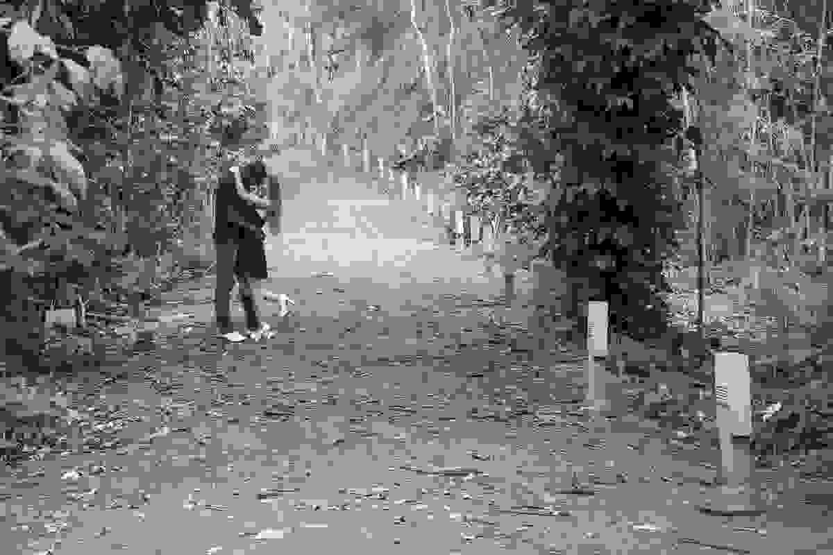 Casal se beijando em pé em caminho de terra no parque da cidade de rio das ostras