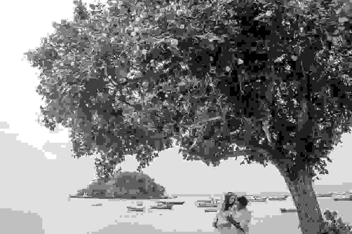 fotografia de ensaio fotografico de casal em armação dos búzios rio de janeiro mostra o casal abraçado de costas embaixo de uma arvore