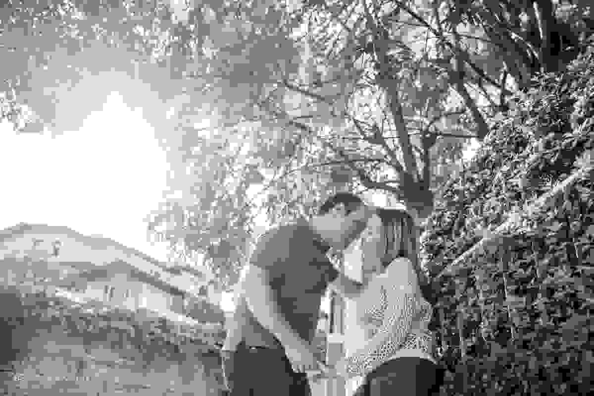 casal apaixonado quase se beijando embaixo da árvore