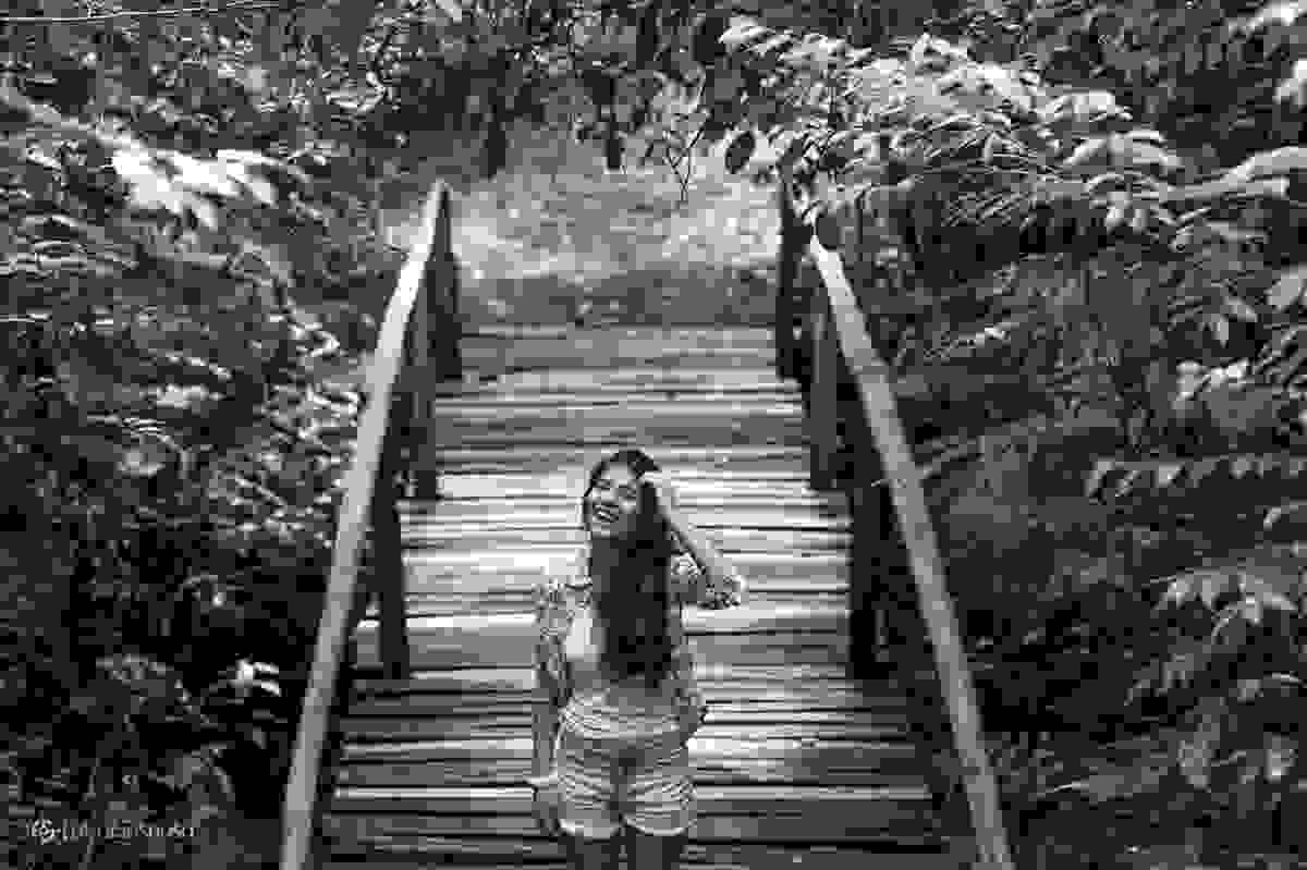 Menina mulher feliz sobre ponte em meio a natureza
